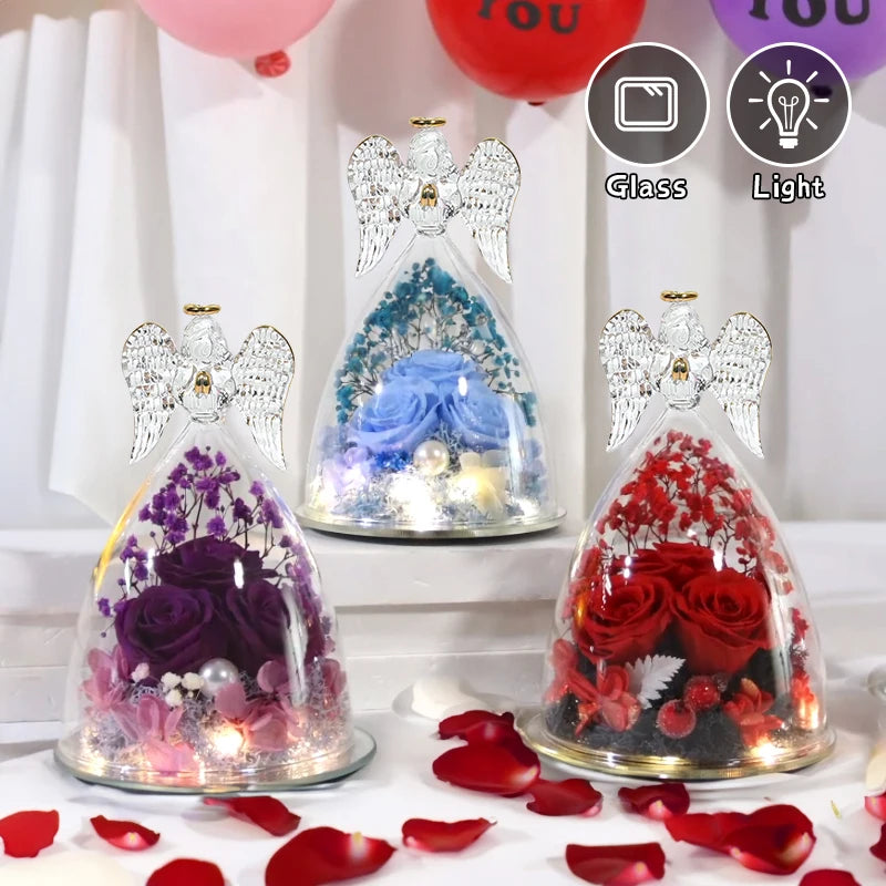 Angel Rose Figurines Gifts For Grandma Mom Preserved Real Rose Eternal Flowers In Glass For Valentine Mothers Day Birthday Gift