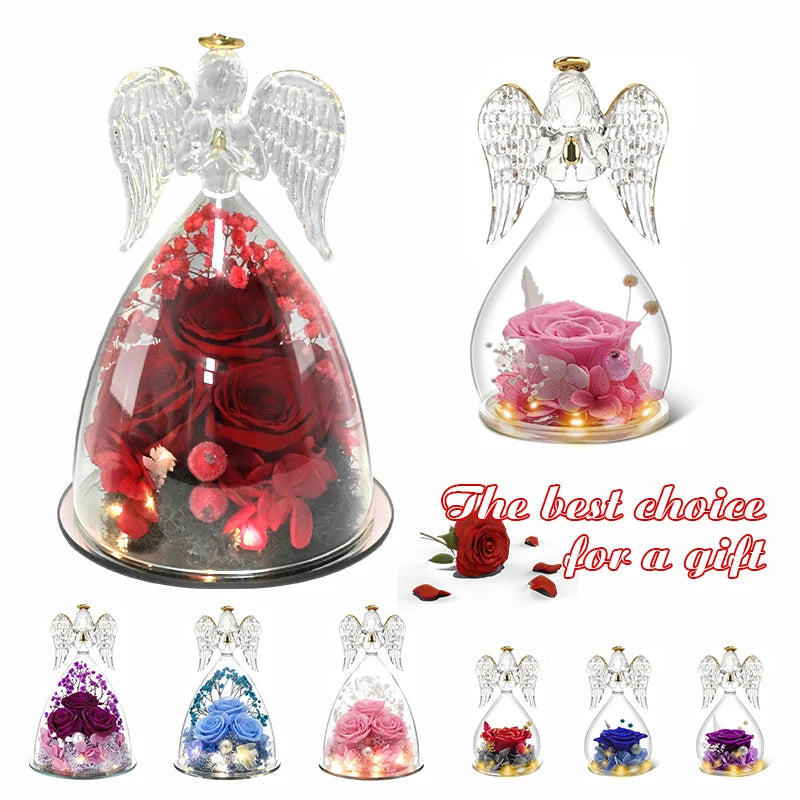 Angel Rose Figurines Gifts For Grandma Mom Preserved Real Rose Eternal Flowers In Glass For Valentine Mothers Day Birthday Gift