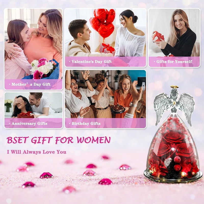 Angel Rose Figurines Gifts For Grandma Mom Preserved Real Rose Eternal Flowers In Glass For Valentine Mothers Day Birthday Gift