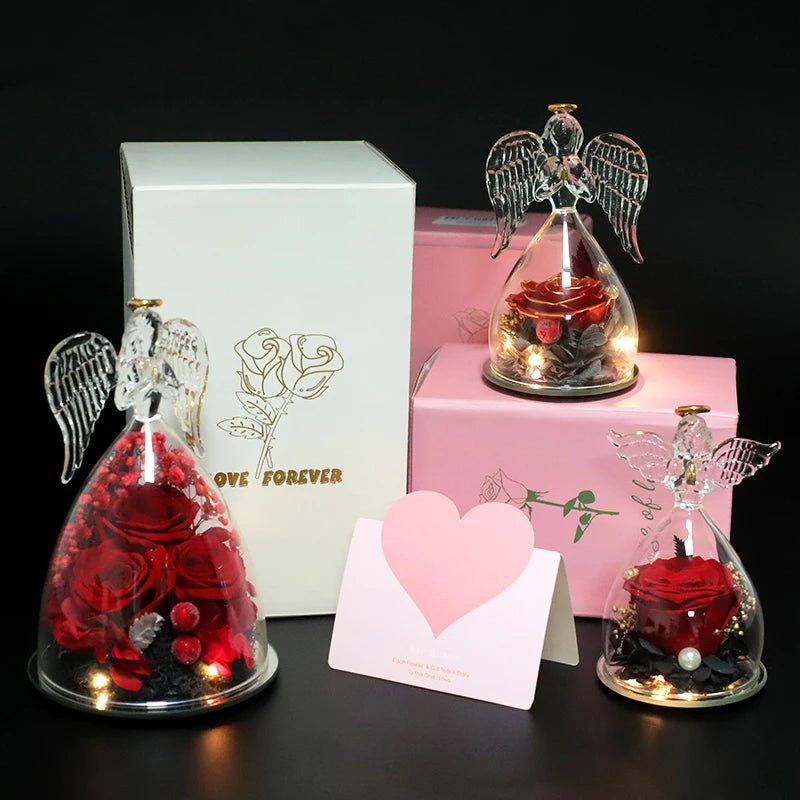 Angel Rose Figurines Gifts For Grandma Mom Preserved Real Rose Eternal Flowers In Glass For Valentine Mothers Day Birthday Gift