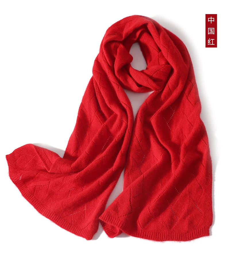 Soft Non-Irritating 100% Wool Warm Knitted Scarf Diamond Openwork Light Pashmina Neck Warmer Solid Color Women Accessories