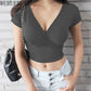 New Summer Black Sexy V-neck T-shirt Short Sleeve Y2k Crop Top Women Clothes Streetwear Korean Fashion Corset Tops