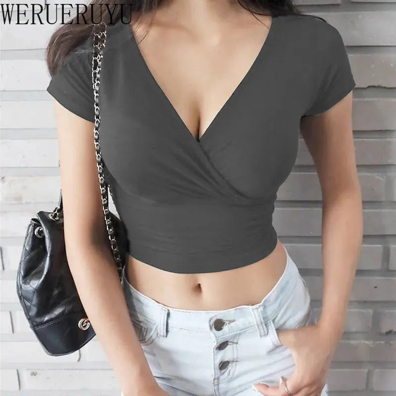 New Summer Black Sexy V-neck T-shirt Short Sleeve Y2k Crop Top Women Clothes Streetwear Korean Fashion Corset Tops