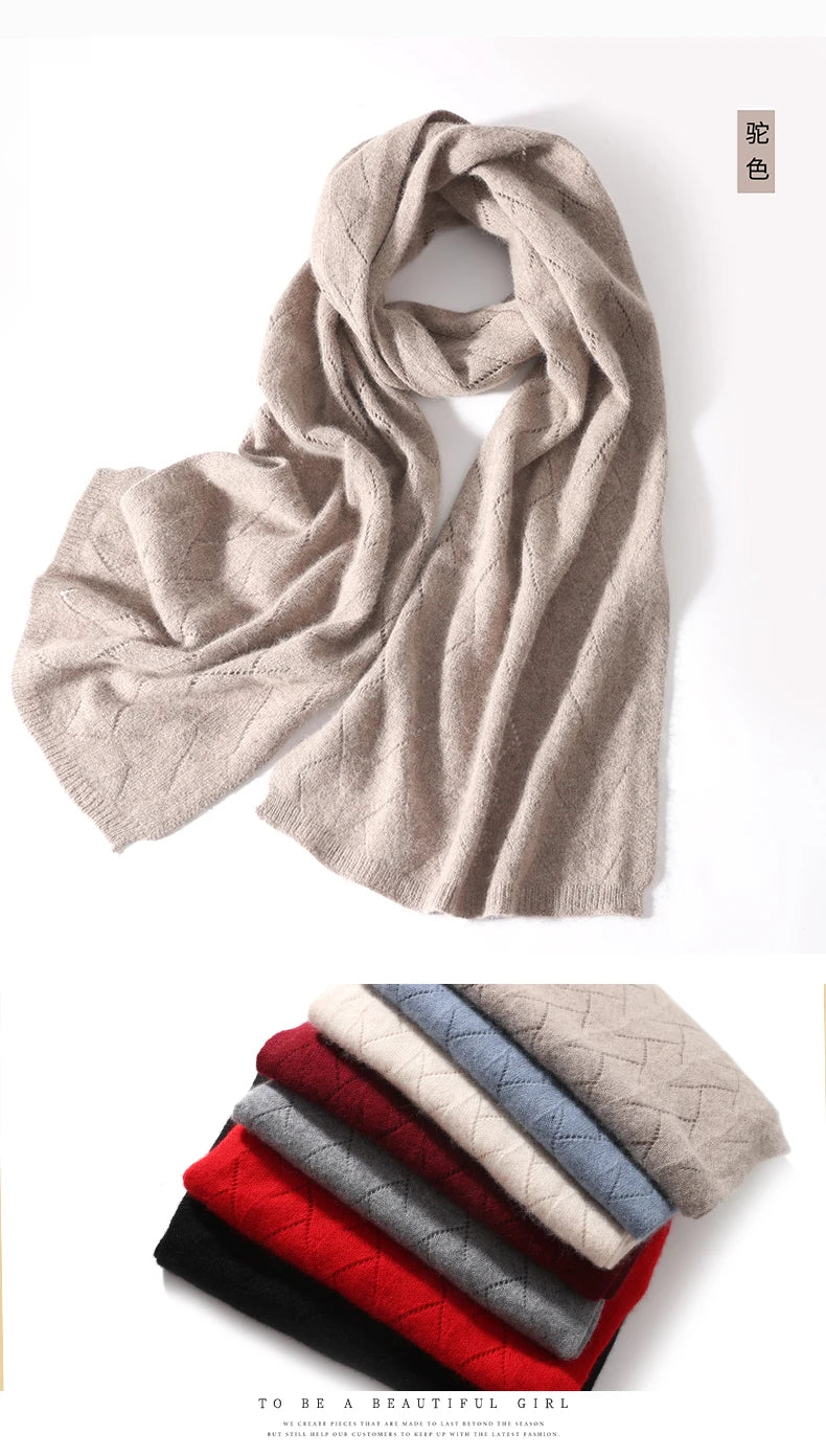 Soft Non-Irritating 100% Wool Warm Knitted Scarf Diamond Openwork Light Pashmina Neck Warmer Solid Color Women Accessories